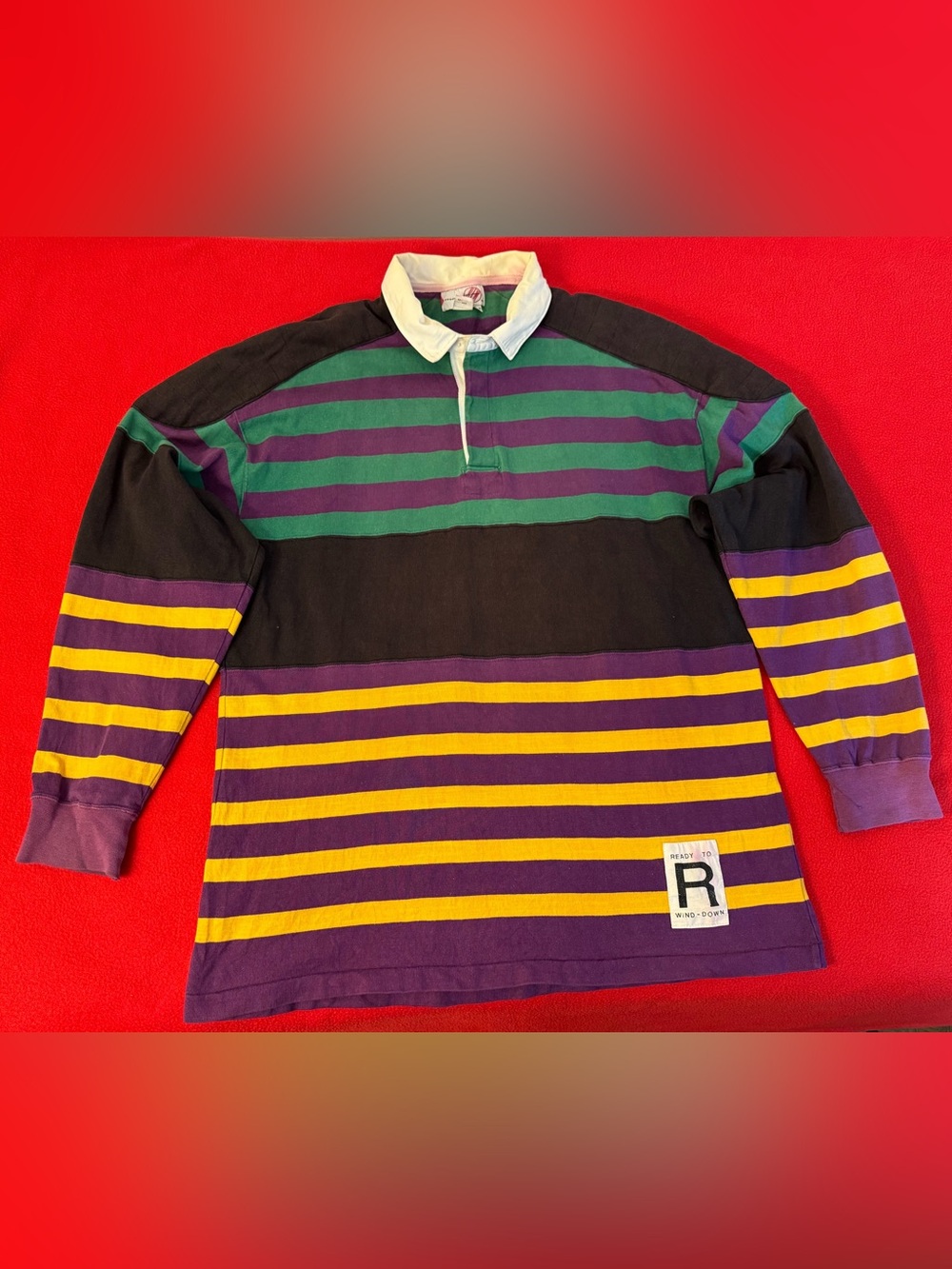VTG RTW Ready to Wind Down Bold Multicolored Padded Rugby Polo Shirt XL Stained